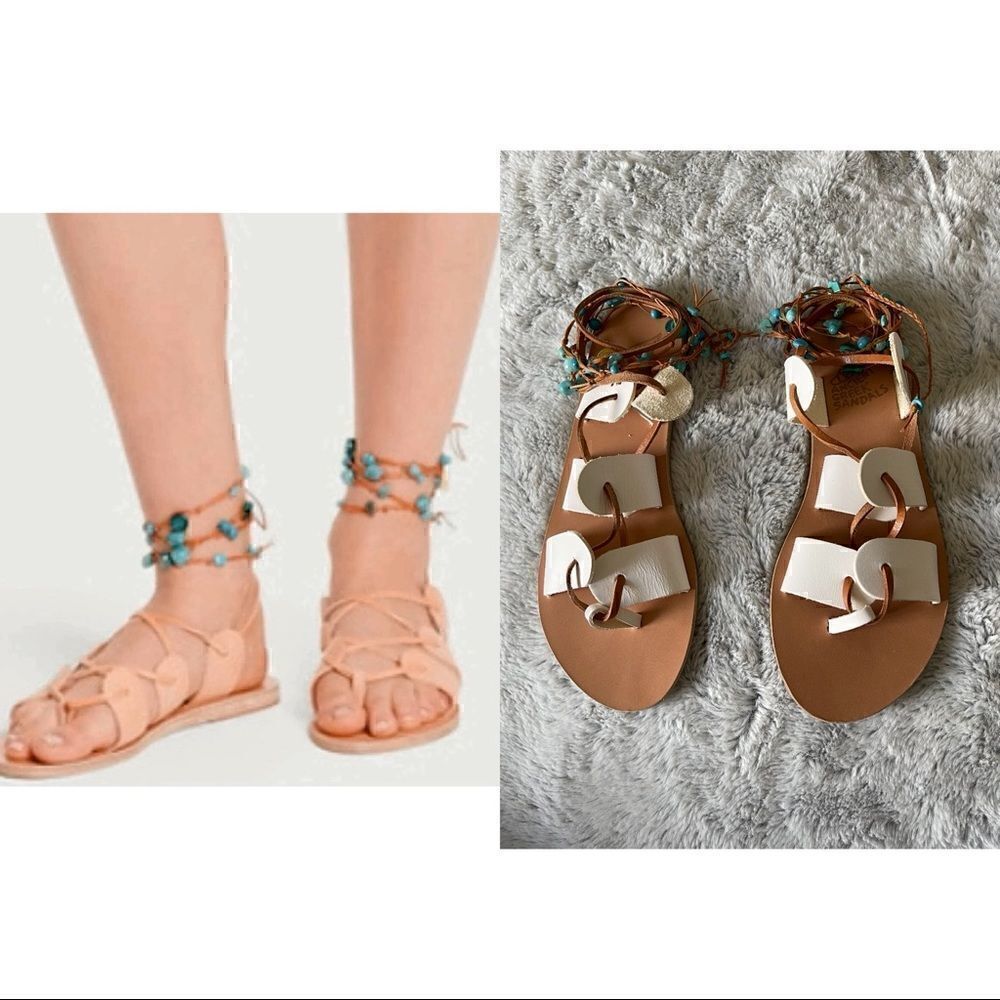 New ANCIENT GREEK wrap sandals natural stones leather sz 38